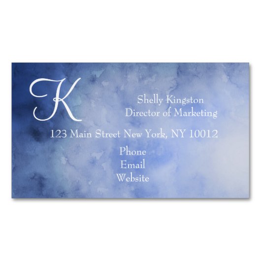 モノグラムパーソナライズされたブルーとホワイト マグネット名刺 (正面)