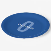 モノグラムパーソナライズされたブルーホワイト名 ペーパープレート (アングル)