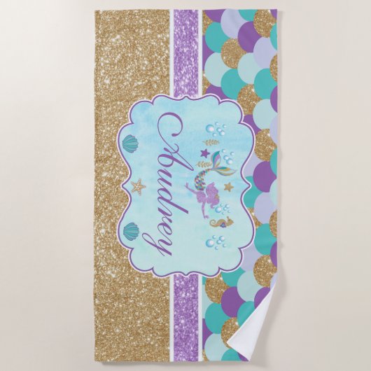 モノグラムパーソナライズされたマーメイドビーチタオル ビーチタオル (正面)