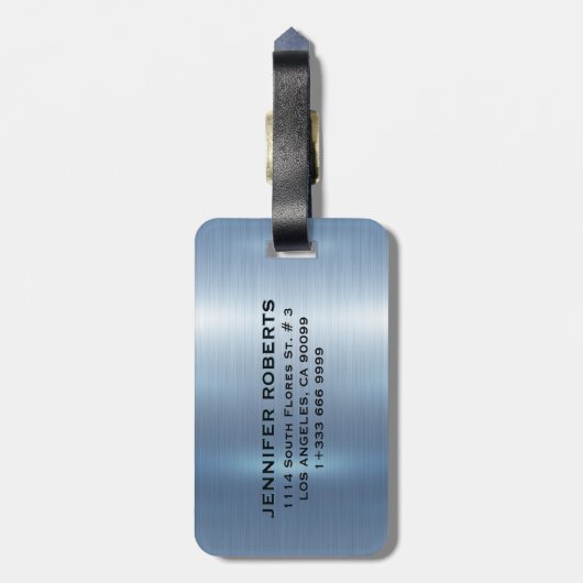 モノグラムパーソナライズされたメタリックブルー背景 ラゲッジタグ (裏面縦)