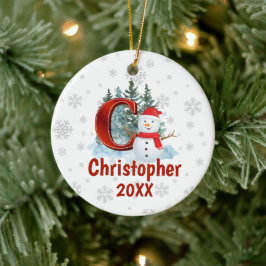 モノグラムパーソナライズされたレターC雪だるまクリスマス セラミックオーナメント