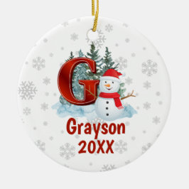 モノグラムパーソナライズされたレターG雪だるまクリスマス セラミックオーナメント