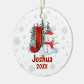 モノグラムパーソナライズされたレターJ雪だるまクリスマス セラミックオーナメント (左)