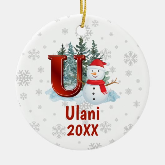 モノグラムパーソナライズされたレターU雪だるまクリスマス セラミックオーナメント (正面)
