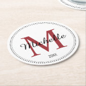 モノグラムパーソナライズされたレッド ラウンドペーパーコースター (アングル)