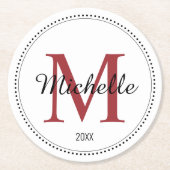 モノグラムパーソナライズされたレッド ラウンドペーパーコースター (正面)