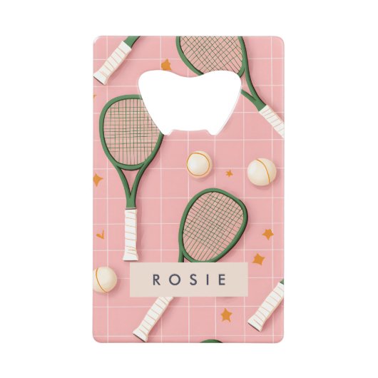 モノグラムパーソナライズされたレトロテニスラケットパターン クレジットカード栓抜き (正面)