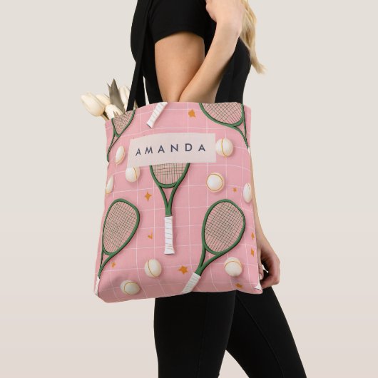 モノグラムパーソナライズされたレトロテニスラケットパターン トートバッグ (クローズアップ)