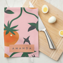 モノグラムパーソナライズされたレトロトマトつる植物パターン キッチンタオル