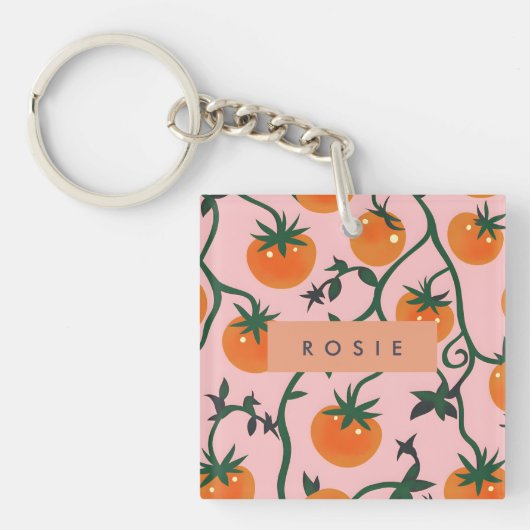 モノグラムパーソナライズされたレトロトマトつる植物パターン キーホルダー (正面)