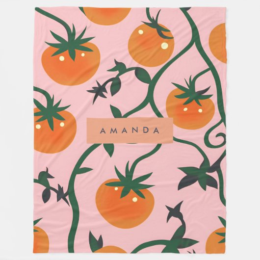 モノグラムパーソナライズされたレトロトマトつる植物パターン フリースブランケット (正面)