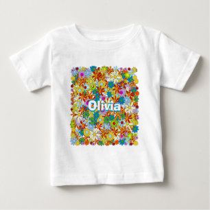 モノグラムパーソナライズされた又は名称花の模様 ベビーTシャツ