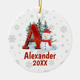 モノグラムパーソナライズされた手紙A雪だるまクリスマス セラミックオーナメント