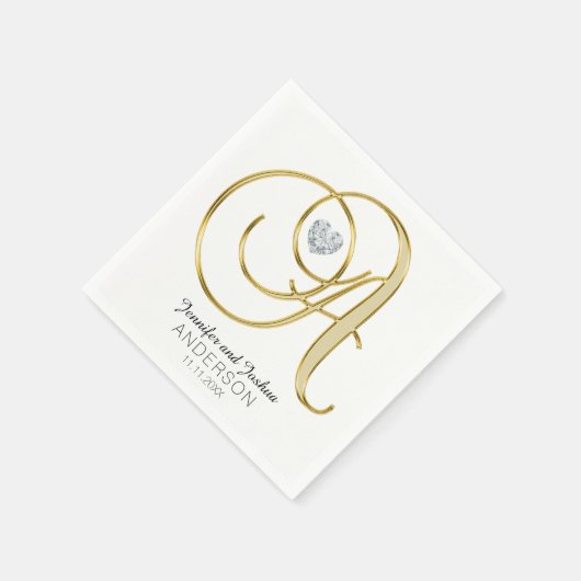 モノグラムパーソナライズされた文字「金ゴールドホワイト結婚」 スタンダードカクテルナプキン (角)