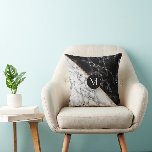 モノグラムパーソナライズされた白黒大理石枕 クッション (椅子)