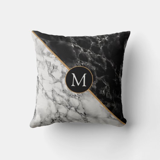 モノグラムパーソナライズされた白黒大理石枕 クッション (裏面)