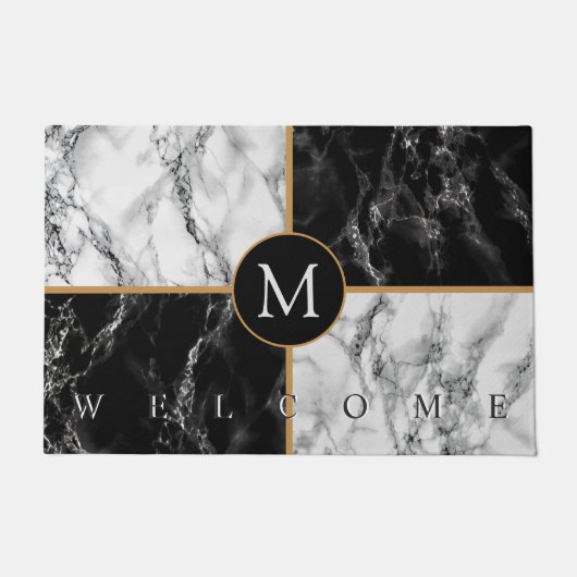 モノグラムパーソナライズされた白黒大理石模様 ドアマット (正面)