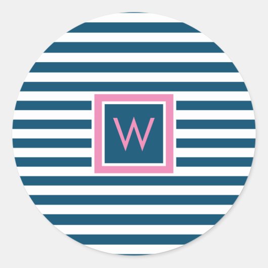 モノグラムパーソナライズされた石板ブルーとホワイトストライプの ラウンドシール (正面)