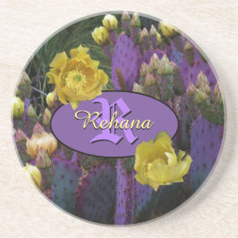 モノグラムパーソナライズされた紫サボテン黄色の花 コースター