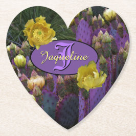 モノグラムパーソナライズされた紫サボテン黄色の花 ペーパーコースター