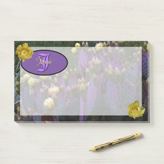 モノグラムパーソナライズされた紫サボテン黄色の花 ポストイット (デスク)