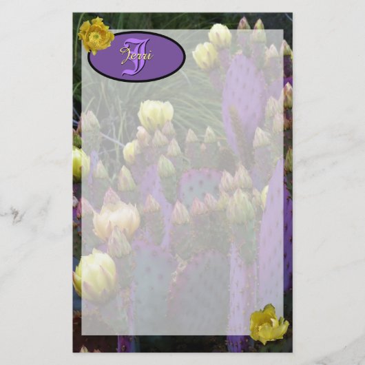 モノグラムパーソナライズされた紫サボテン黄色の花 便箋 (正面)