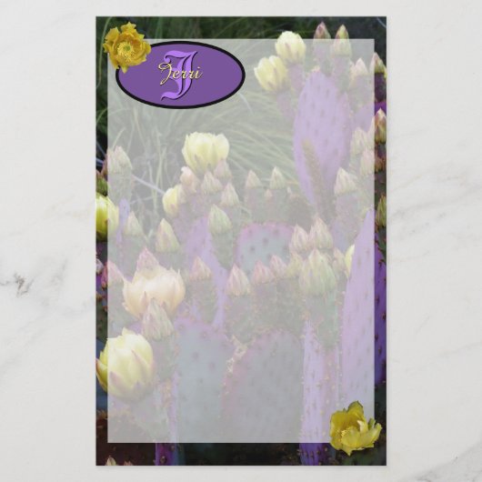 モノグラムパーソナライズされた紫サボテン黄色の花 便箋 (正面)