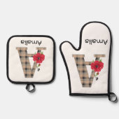 モノグラムパーソナライズされた編集可能A文字赤花f 鍋つかみ&鍋敷きセット (正面)