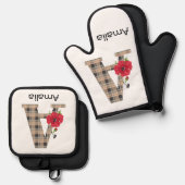 モノグラムパーソナライズされた編集可能A文字赤花f 鍋つかみ&鍋敷きセット (正面/裏面)