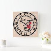 モノグラムパーソナライズされた編集可能J文字赤花 スクエア壁時計 (ホーム)