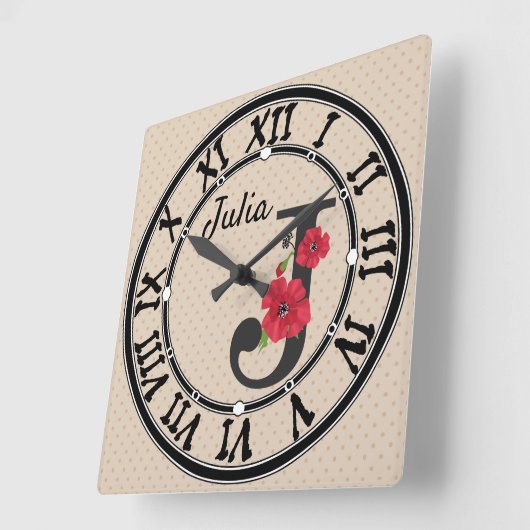 モノグラムパーソナライズされた編集可能J文字赤花 スクエア壁時計 (傾斜)