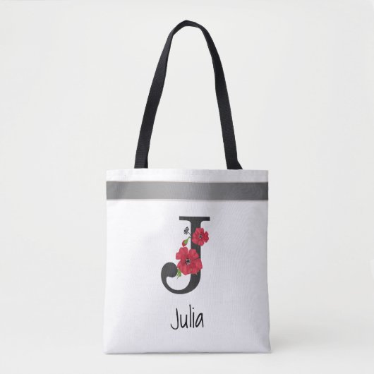 モノグラムパーソナライズされた編集可能j文字赤花 トートバッグ (正面)