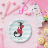 モノグラムパーソナライズされた編集可能J文字赤花f ペーパープレート (パーティー)