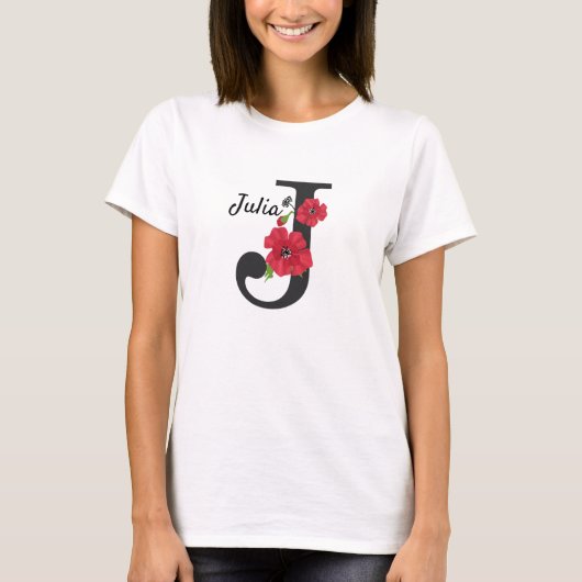 モノグラムパーソナライズされた編集可能J文字赤花f Tシャツ (正面)