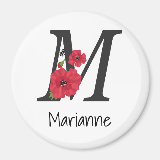 モノグラムパーソナライズされた編集可能M文字赤花f マグネット (正面)