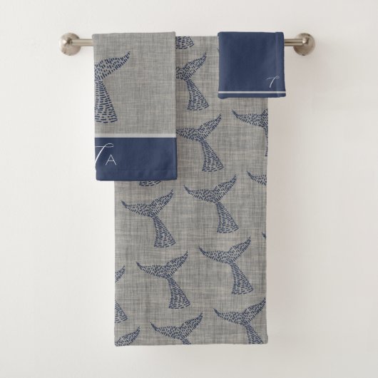 モノグラムパーソナライズされた航海のホエールテールラインアート バスタオルセット (インサイチュ)