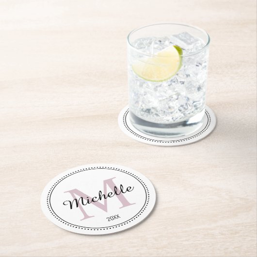 モノグラムパーソナライズされた赤面ピンク ラウンドペーパーコースター (インサイチュ)