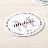 モノグラムパーソナライズされた赤面ピンク ラウンドペーパーコースター (アングル)