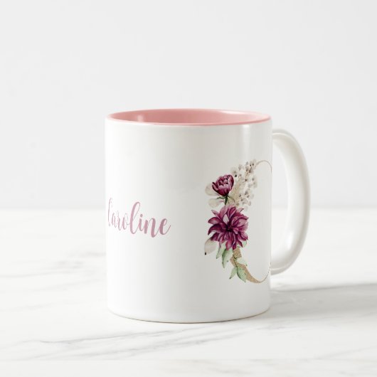 モノグラムパーソナライズされた金ゴールドレターCピンクフローラ ツートーンマグカップ (正面右)