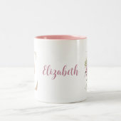 モノグラムパーソナライズされた金ゴールドレターEピンクフローラ ツートーンマグカップ (中央)