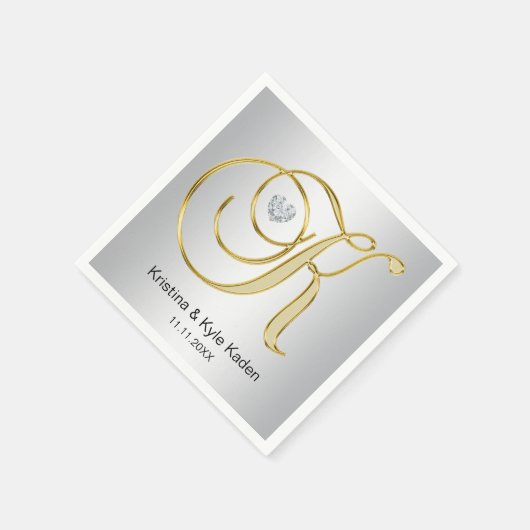モノグラムパーソナライズされた金ゴールドレターKシルバー結婚ズ スタンダードカクテルナプキン (角)