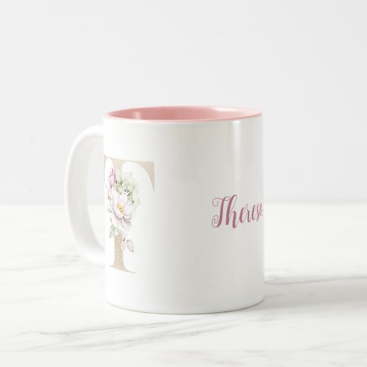 モノグラムパーソナライズされた金ゴールドレターTピンクフローラ ツートーンマグカップ (正面左)