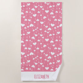 モノグラムパーソナライズピンクホワイトハート ビーチタオル