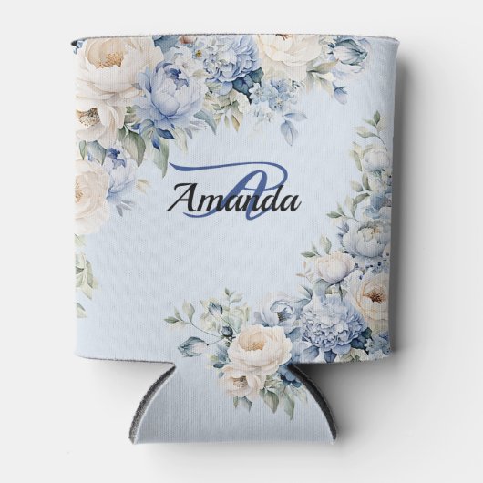 モノグラムパーティーほこりっぽいブルーウォーター色のアイボリー花 缶クーラー (正面)