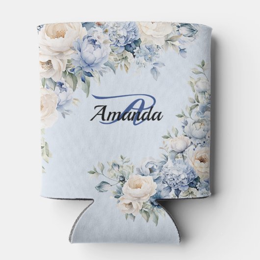 モノグラムパーティーほこりっぽいブルーウォーター色のアイボリー花 缶クーラー (裏面)