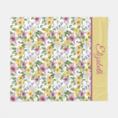 モノグラムパープルイエローホワイトグリーンフローラ フリースブランケット (正面(横))