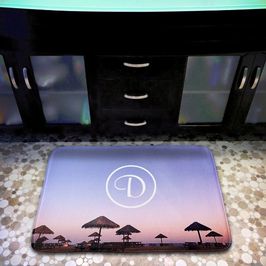 モノグラムパープルグラデーションサンセットカリフォルニアビーチはっきりした バスマット