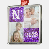 モノグラムパープルグリッターフォトクリスマスホリデー メタルオーナメント (左)