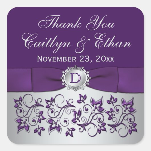 モノグラムパープルグレーフローラ結婚式の引き出物シール スクエアシール (正面)