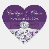 モノグラムパープルグレーフローラ結婚式の引き出物シール ハートシール (正面)